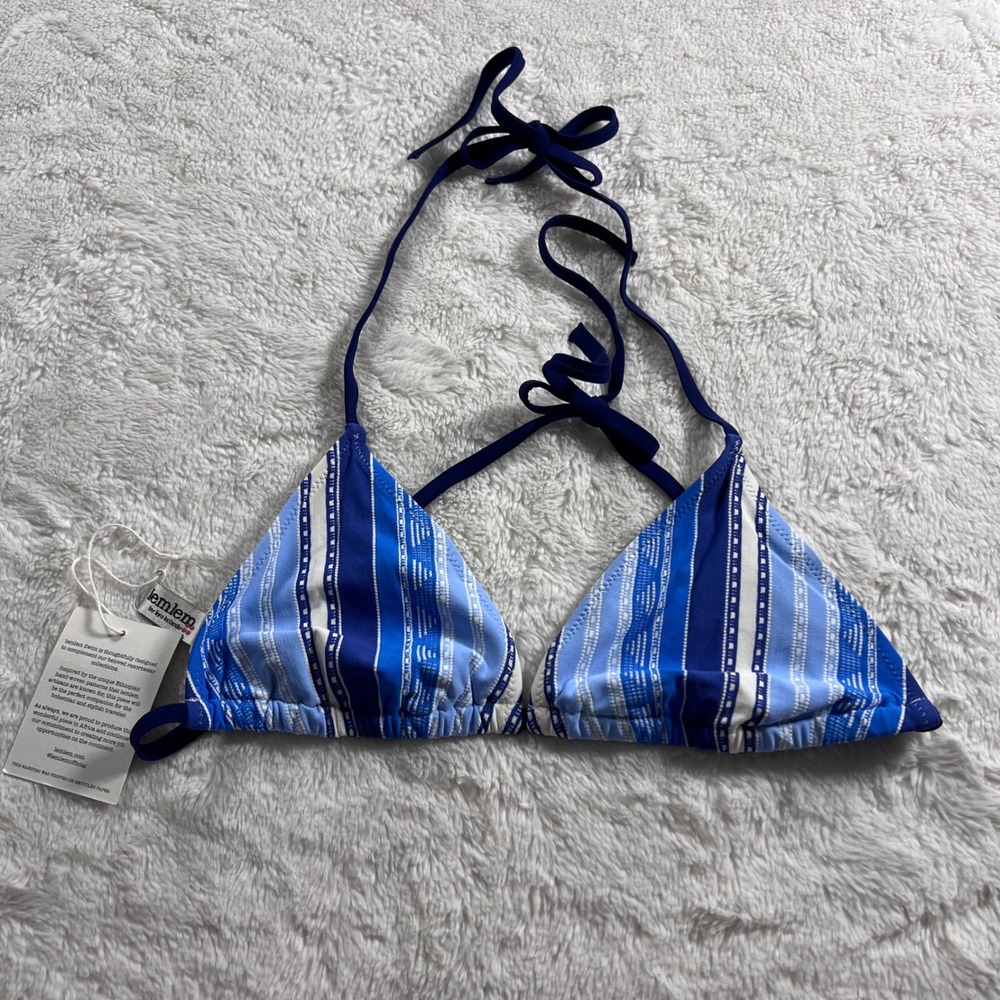 Lemlem Eshal Triangle Bikini Top Blue Striped Halter Swim HSS2102 Womens M NEW